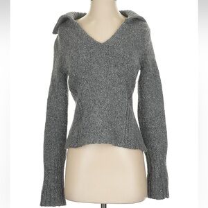 Express Gray Merino Angora Wool Angora V-Neck Sailor Collar Sweater Size Small S